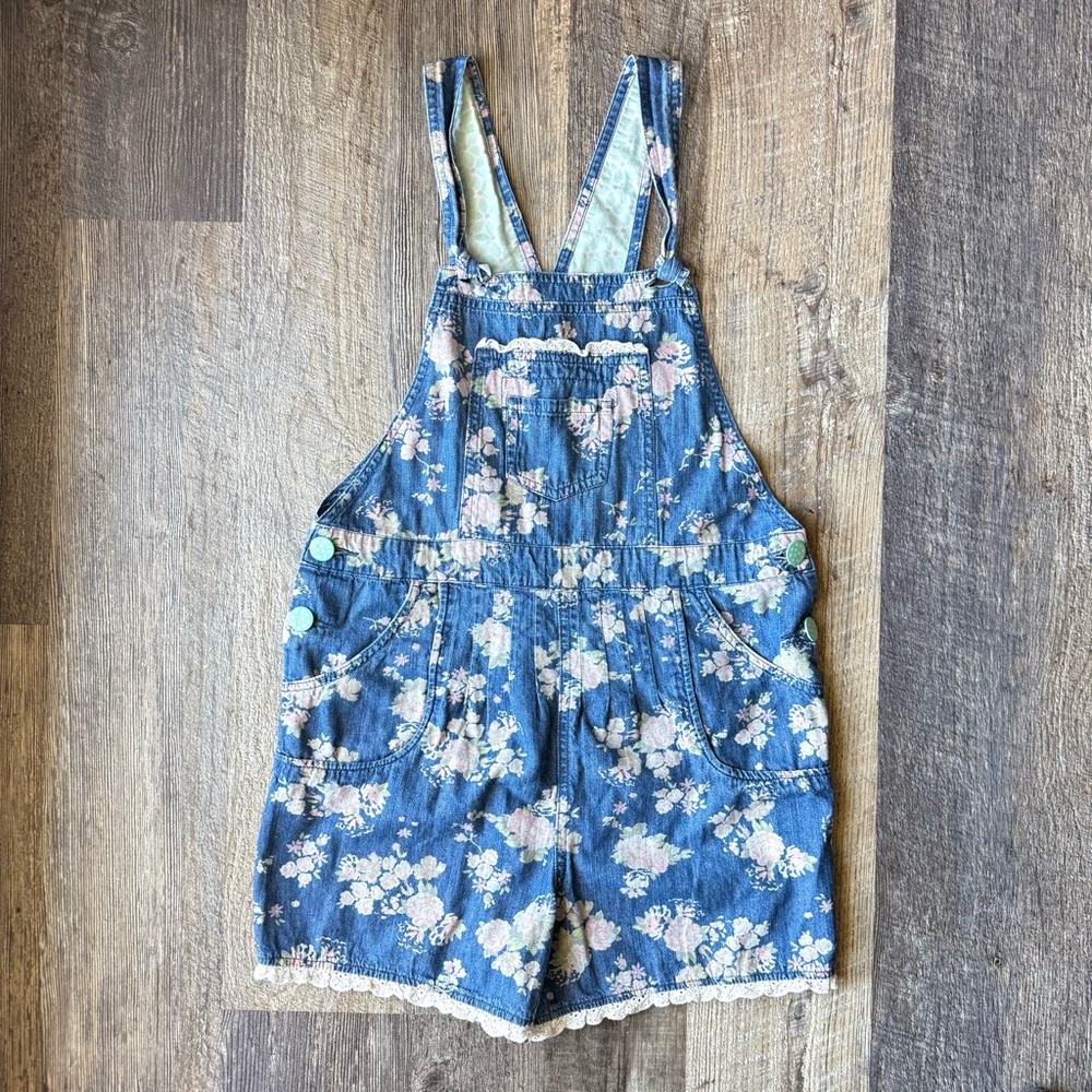 Matilda Jane Floral Denim Shortalls Overalls Girls Size 14 Lace Trim Boho - Picture 2 of 8